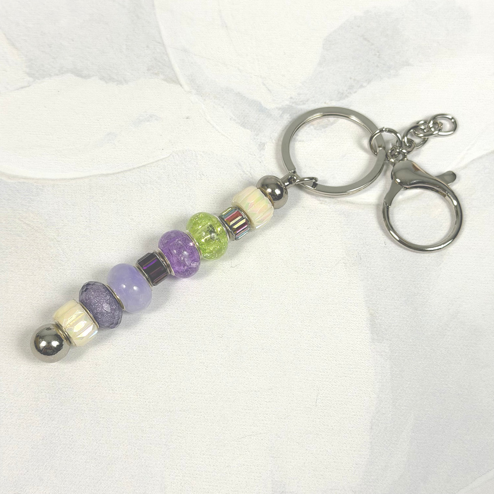 Super Cute AB Crystal, Pale Green Crackle Glass, & Lavender Beaded Key Chain 6"